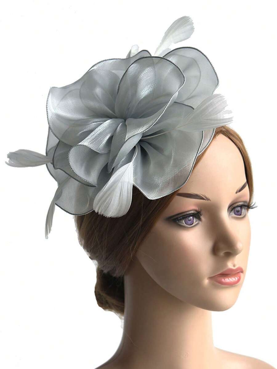 歐美風格網眼羽毛頭飾,帶花朵/優生帽/賽馬場復古面紗/時裝秀花卉髮飾,優雅