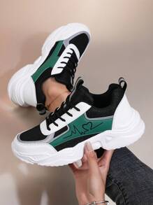 Women's New Simple Fashionable Breathable Casual Shoes With Thick Soles And Wear-resistant & Color-block Design For Outdoors And Daily Wear - Dark Green - View 1