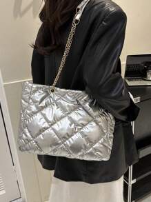 Fashionable Casual Simple Cross-stitching Chain Shoulder Tote Bag - Silver - View 2