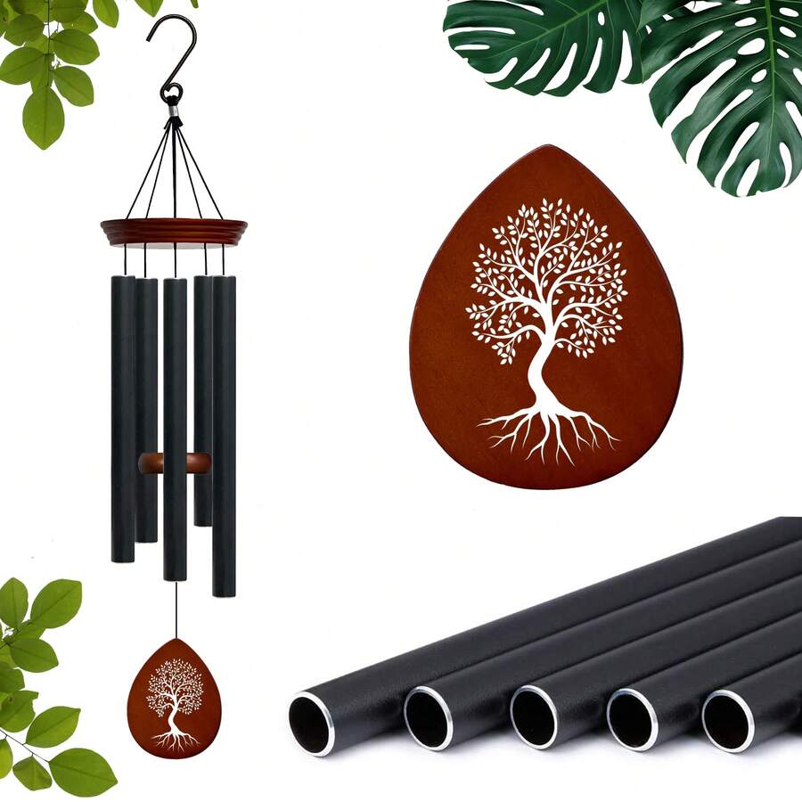 Black Tube Memorial Wind Chime With Tree Of Life Decoration - Black - View 1