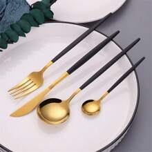 Juego De Cubiertos Negro Y Dorado, Juego De Vajilla De Acero Inoxidable, Cuchillo, Tenedor Y Cuchara De Colores, Utensilios De Mesa Para Cocina Y Cena