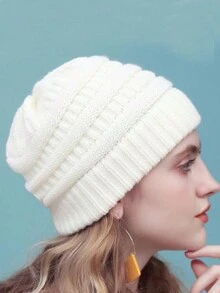 1pc Solid Color Ponytail Hat For Autumn And Winter, Knitted Warm Ear Protection And Ponytail Opening Cap, Candy Colored Knitted Hat - White - View 4
