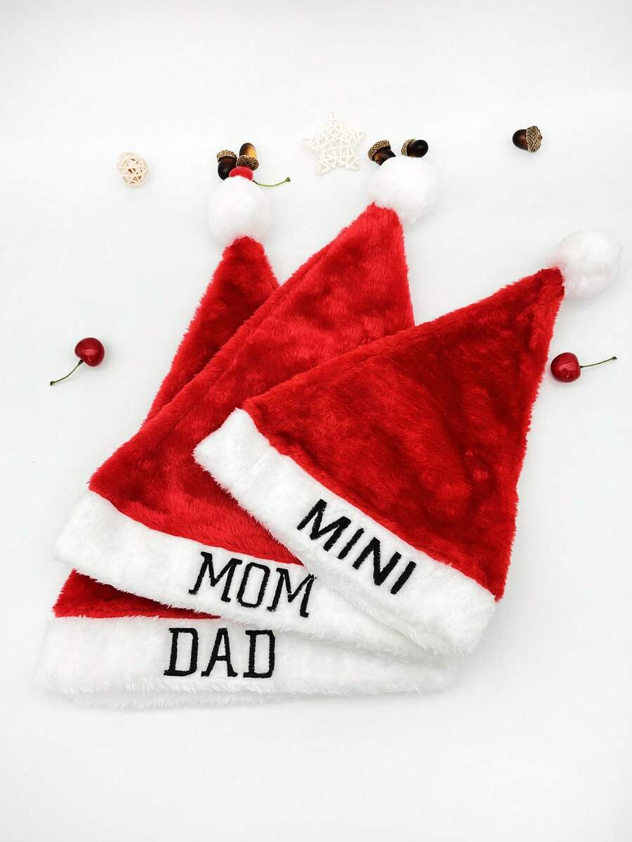 3 cái/bộ Thủ công Polyester Giáng sinh Gia đình Mũ Với Chữ thêu & Sang trọng Ông già noel Mũ , Hoàn hảo Đối với Giáng sinh Lễ hội Bầu không khí Đồ trang trí - Đỏ và trắng - Xem 1