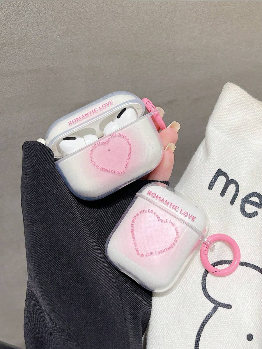 粉紅色愛心圖案霧面透明矽膠耳機保護殼,適用於airpods 1/2/3/pro (帶鍵匙扣) - 粉色 - 查看 1