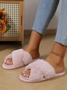 冬季交叉保暖毛茸茸拖鞋,韓式女士室內拖鞋,帶有露趾