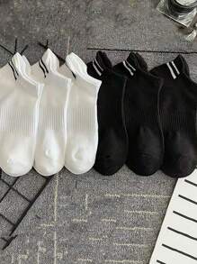 6 Pairs (3 Black, 3 White) Sports Striped Crew Socks, Gym, Fall - Black and White - View 2