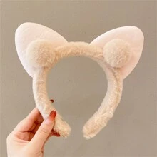 1入組可愛的貓耳朵毛絨頭箍,適用於女孩,包括洗臉在內的日常使用 - 卡其色 - 查看 3