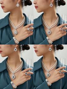 1 套女士玻璃仿珍珠和方晶锆石首饰套装，包括项链、手链、耳环、戒指、新娘/情人节礼物 - 項鍊 - 查看 9