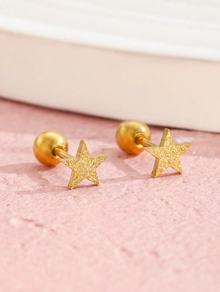 1 Pair Elegant Minimalist Stainless Steel Matte Star Stud Earrings, Sweet And Cute, Suitable For Girls' Daily Wear - Yellow Gold - View 1