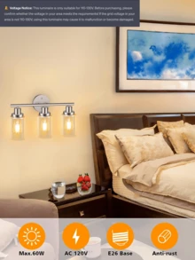 110v-130v 3 燈梳妝檯燈、霧面鎳壁燈附透明玻璃、浴室燈具、鏡子壁燈、客廳、臥室、走廊、e26 底座(不含燈泡)