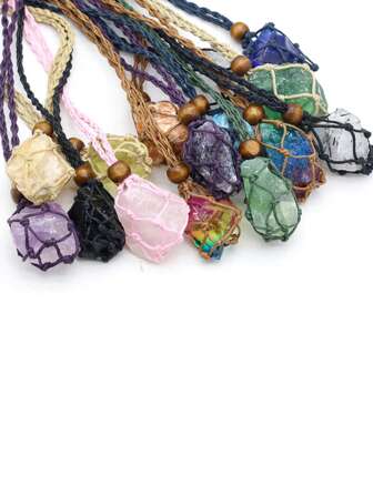 1pc Natural Stone Woven Rope Raw Stone Pendants Necklace Charming Women Men Jewelry Accessories Daily Gifts