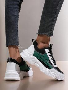 Women's New Simple Fashionable Breathable Casual Shoes With Thick Soles And Wear-resistant & Color-block Design For Outdoors And Daily Wear - Dark Green - View 4