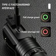 1入高功率3led小型手電筒2000流明sst20可攜式edc手電筒type-c充電式帶磁性尾燈露營燈 - 黑色 - 查看 6