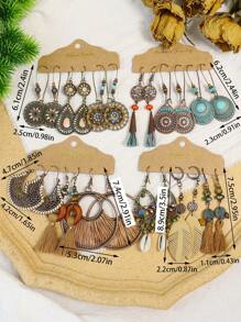 TopHanqi 12pairs/set Vintage Geometric Round Shaped Earrings Set For Women With Tassel, Shell & Big Ring Design, Bohemian Drop Oil Ear Jewelry For Travel, Party, Daily, Work Wear - Multicolor - View 4
