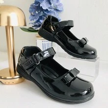 少女專用光澤皮平底珍鞋,帶蝴蝶結裝飾-學校鞋款 - 黑色 - 查看 1