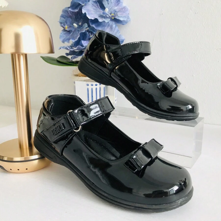 少女專用光澤皮平底珍鞋,帶蝴蝶結裝飾-學校鞋款 - 黑色 - 查看 1