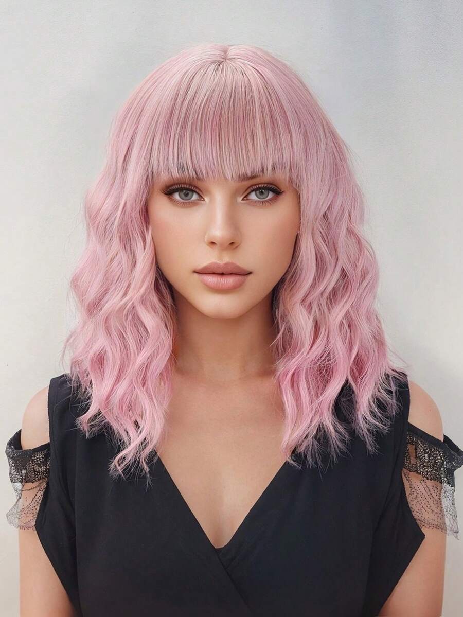 波浪捲曲帶空氣瀏海的女士短髮玫瑰粉色中長碎髮合成日常使用彩色角色扮演假髮,適用於女孩 - 粉色 - 查看 1