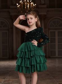 Tween Girl One Shoulder Long Sleeve Layered Tulle Hem Formal Dress