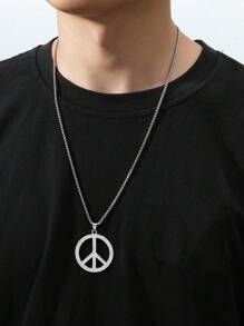 Minimalist Street Necklace, Stainless Steel, Hollow Peace Sign Round Pendant, Suitable For Daily & Street Outfits, Nice Gift For Guys - Silver - View 1