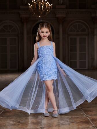 Tween Girl Mesh Flower Applique Spliced Waist Strap Dress