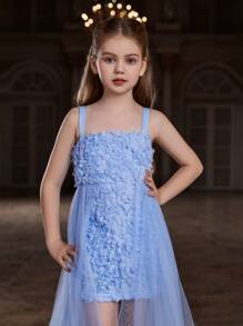 Tween Girl Mesh Flower Applique Spliced Waist Strap Dress - Blue - View 7
