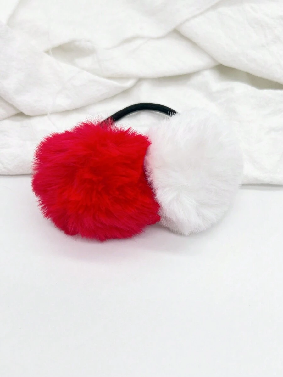 1pc Red & White Plush Ball Hair Scrunchie For Women, Winter - Red - View 1