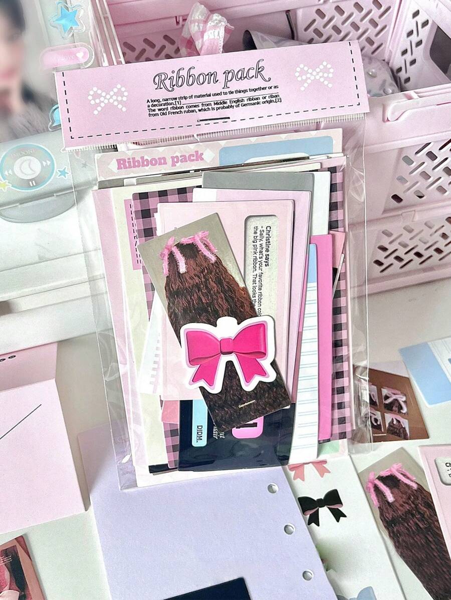 2入組粉色絲帶和蝴蝶結設計ins筆記本貼紙裝飾貼紙和卡片 - 粉色 - 查看 1