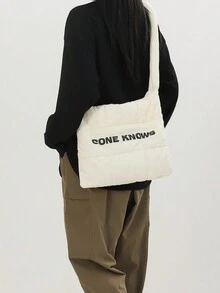 1入實色羽絨風格女式手提肩背包容量大,可斜跨 - 白色 - 查看 4