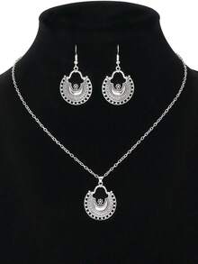 TopHanqi 3入組復古銀色空心水滴形合金吊墜耳環項鍊套裝,有不同的款式可選擇,適合女性日常穿著、上班和街頭拍照 - 復古銀色 - 查看 4