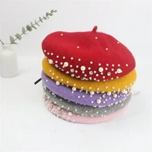 New Autumn/Winter Beret Hat, Korean Style Women's Hats With Rhinestones & Pearls, Breathable Pumpkin Shape Vintage Artist Hat, Fashion - Black - View 6
