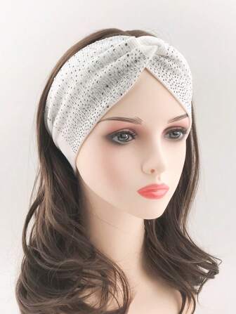 1pc Women's Elegant White, Rhinestone Design, Wide, Knotted, Elastic, Knit Headband, For Outdoor, Casual, Sport, Gift Party Valentine's Day Valentines,Hair Accessories,Turban Headband, Hairband Fall Winter Hair Band For Vacation Outfits Woman Elegant Scarf Women Bandanas Soft Headwrap