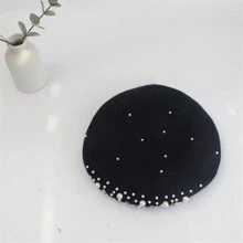 New Autumn/Winter Beret Hat, Korean Style Women's Hats With Rhinestones & Pearls, Breathable Pumpkin Shape Vintage Artist Hat, Fashion - Black - View 2