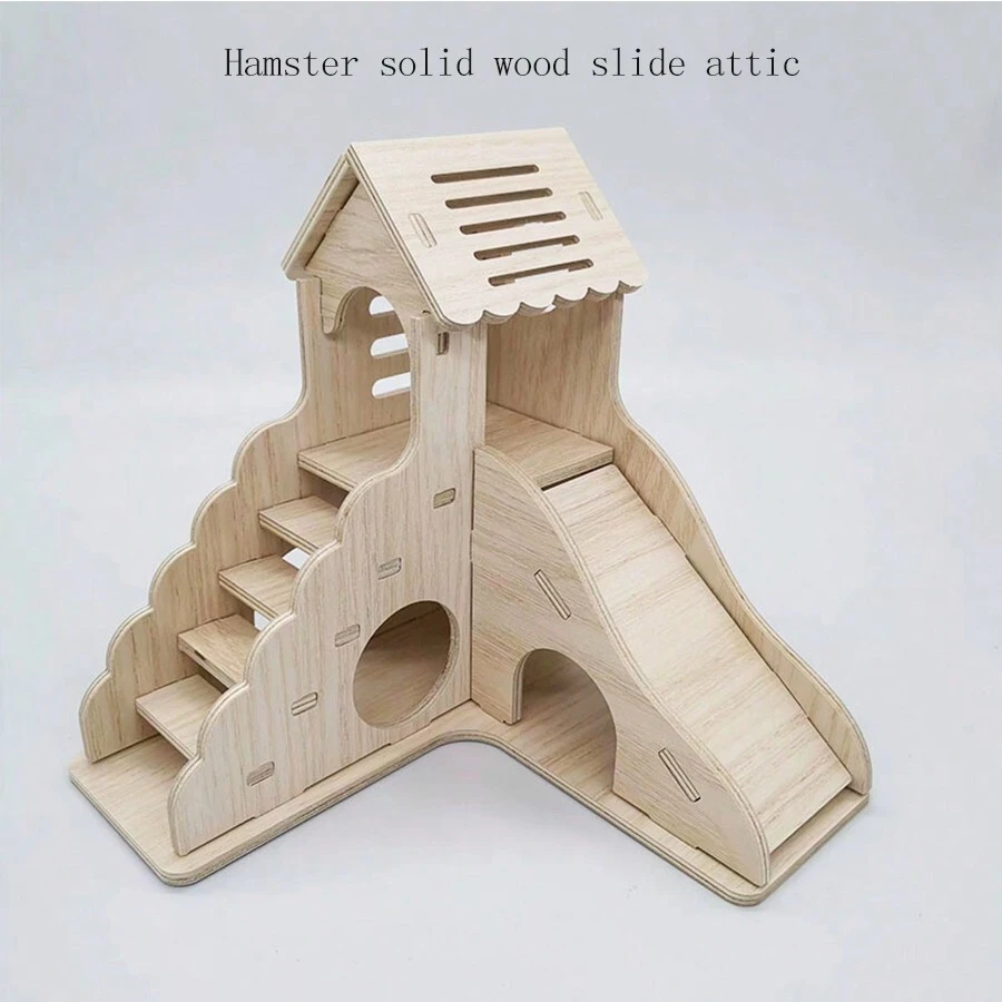 View of Hamster Wooden Toy Hideout House & Slide & Loft Wooden House | SHEIN USA