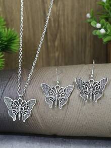 TopHanqi 3入組復古銀色空心水滴形合金吊墜耳環項鍊套裝,有不同的款式可選擇,適合女性日常穿著、上班和街頭拍照 - 復古銀色 - 查看 9