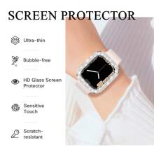 Compatible With Apple Watch Case Series 10/9/8/7/6/5/4/3/2/1/SE 38 40 41 42 44 45 46 MM With Tempered Glass Screen Protector, Double Bling Case Crystal Rhinestones Rhinestone Bumper Overall Hard PC Ultra-Thin Protective Cover - Clear - View 5