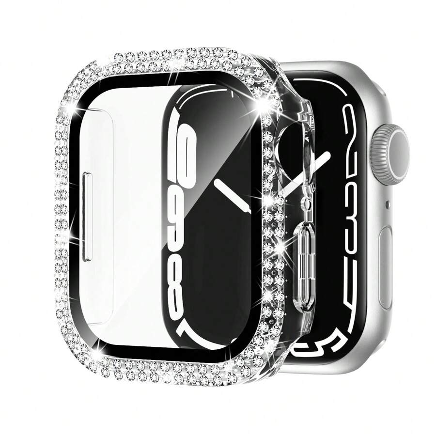 Compatible With Apple Watch Case Series 10/9/8/7/6/5/4/3/2/1/SE 38 40 41 42 44 45 46 MM With Tempered Glass Screen Protector, Double Bling Case Crystal Rhinestones Rhinestone Bumper Overall Hard PC Ultra-Thin Protective Cover - Clear - View 1