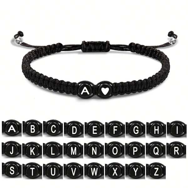 1pc Black & White Heart & 26 Letters Braided Bracelet, Minimalist Couple Jewelry Bracelet Valentines,Mom,Mother,Mother's Day,Gift
