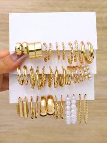 18pairs/Set Simple & Stylish Earrings, Bohemian Faux Pearl Stud & Dangle Earrings - Gold - View 1
