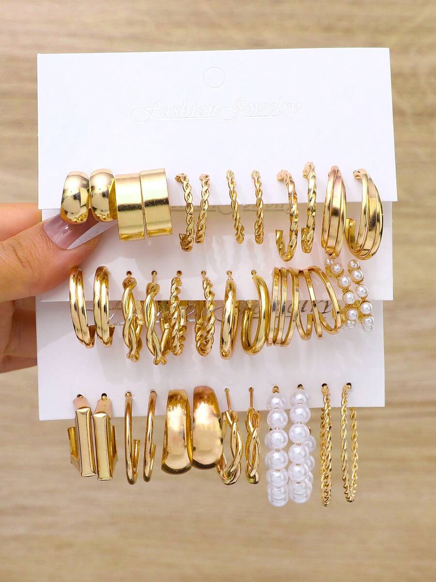 18pairs/Set Simple & Stylish Earrings, Bohemian Faux Pearl Stud & Dangle Earrings - Gold - View 1