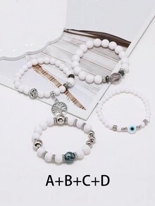 4入組新年禮物手鍊套裝,包括時尚樹梅花手鍊、手臂鍊、珠鏈項鍊和手鍊