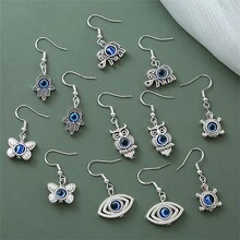 Vintage Bohemian Eye Of Angel & Palm Design Women's Decorative Earhook Earrings - Antique Silver - View 1