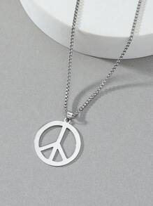 Minimalist Street Necklace, Stainless Steel, Hollow Peace Sign Round Pendant, Suitable For Daily & Street Outfits, Nice Gift For Guys - Silver - View 2