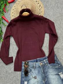 Women Knit Tops - Burgundy - View 1