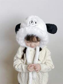 適用於女孩、男孩和嬰兒的冬季帽子,可愛的公主毛絨帽附脖套和耳套,適合頭圍50-55cm,適用於3-12歲