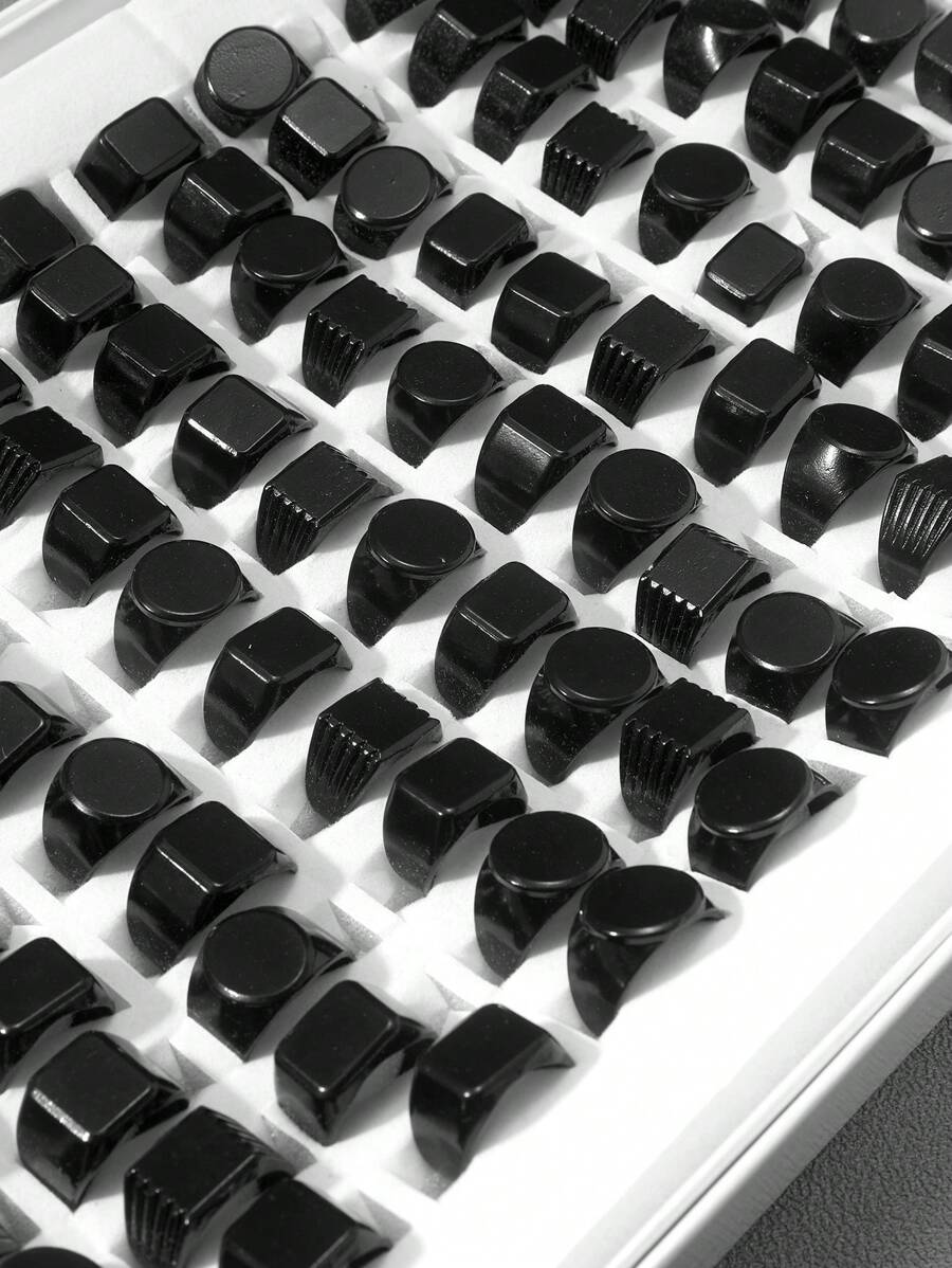 20入組時尚簡約的幾何造型戒指(隨機小尺寸4-7混合),圓形、橢圓形、矩形和正方形戒指套裝,黑色,適合日常配戴或送禮 - 黑色 - 查看 1