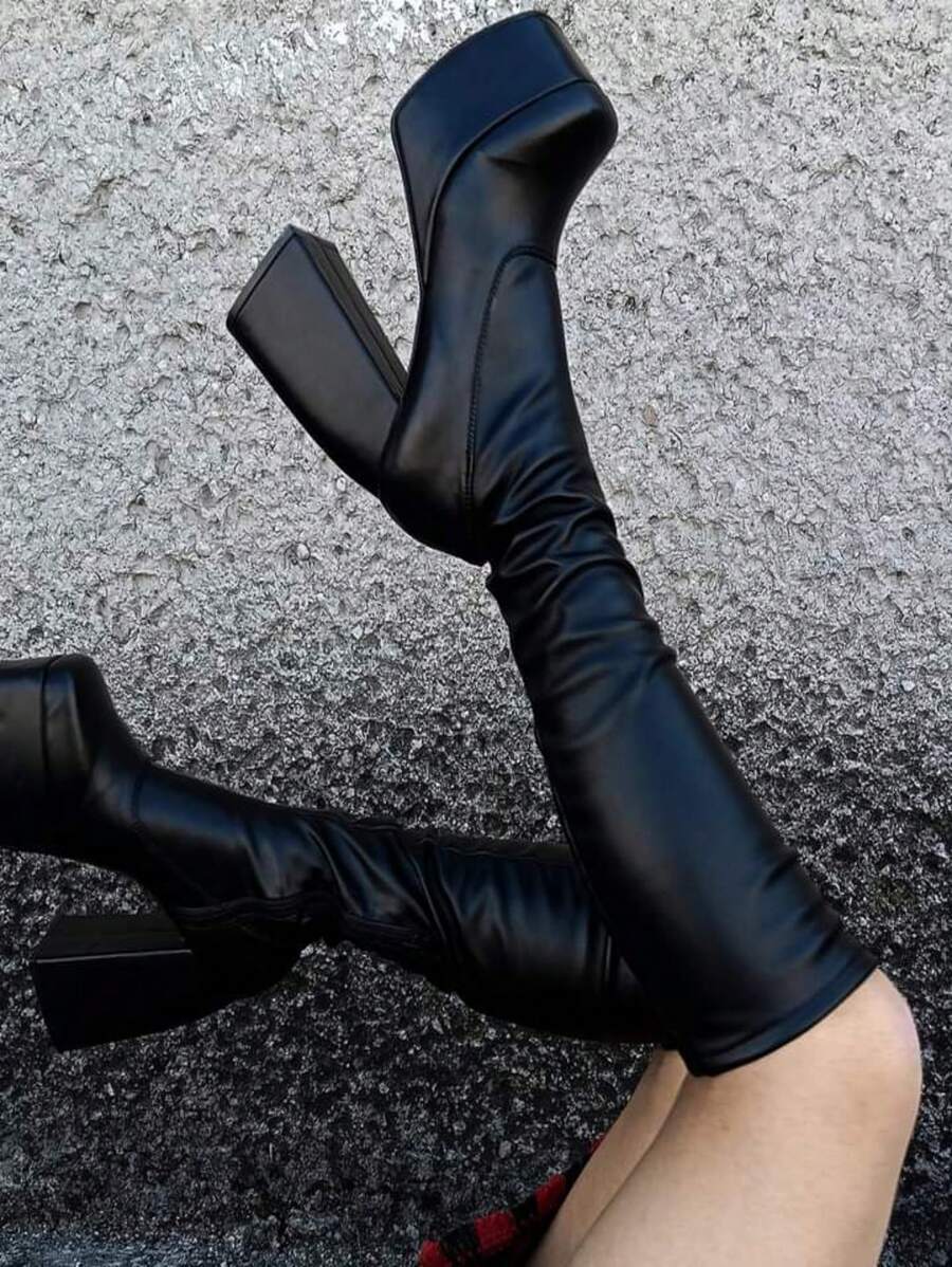 Botas abajo de la rodilla strech de licra con plataforma - Negro - Ver 1