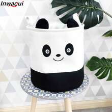 Inwagui 1入組熊貓儲物籃加厚帆布布料洗衣籃可摺疊玩具籃衣物籃家居裝飾籃 - 黑與白 - 查看 1