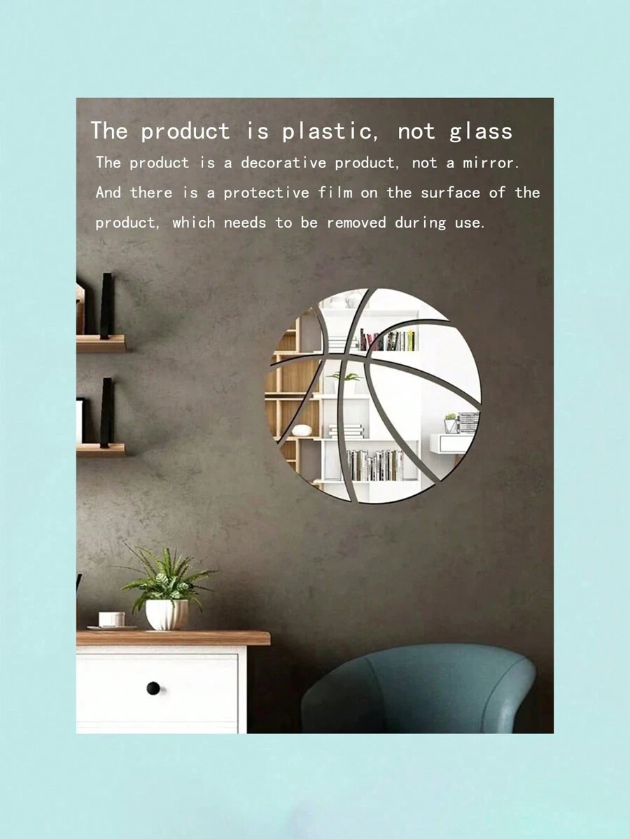 1 pegatina de pared de superficie de espejo con diseño de baloncesto, pegatina de espejo redonda de PMMA para decoración del hogar - Plateado - Ver 1