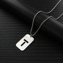 1pc Hollow Out Letter Necklace For Men, Hip Hop Sweater Chain Jewelry, Rectangular Smooth Tag Pendant - Silver - View 18