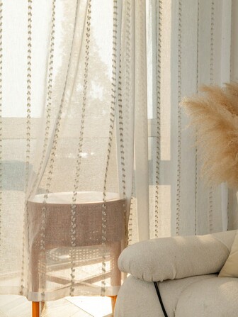 1pc Vintage French Romantic White Plush Striped Sheer Curtain